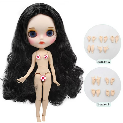 Nude Blythe Doll with White Skin, Matte Face, Joint Body, Black Curls & Eyebrows