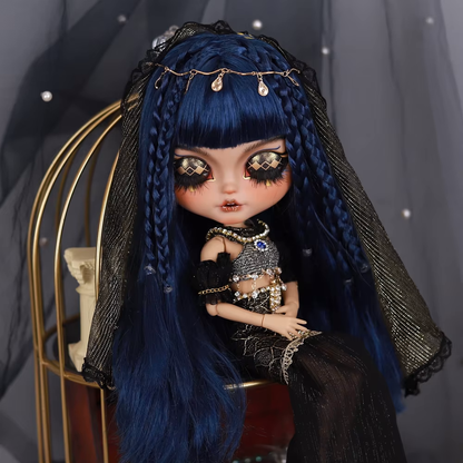 Cleopatra – Premium Custom Neo Blythe Doll with Blue Hair, Tan Skin & Matte Smiling Face