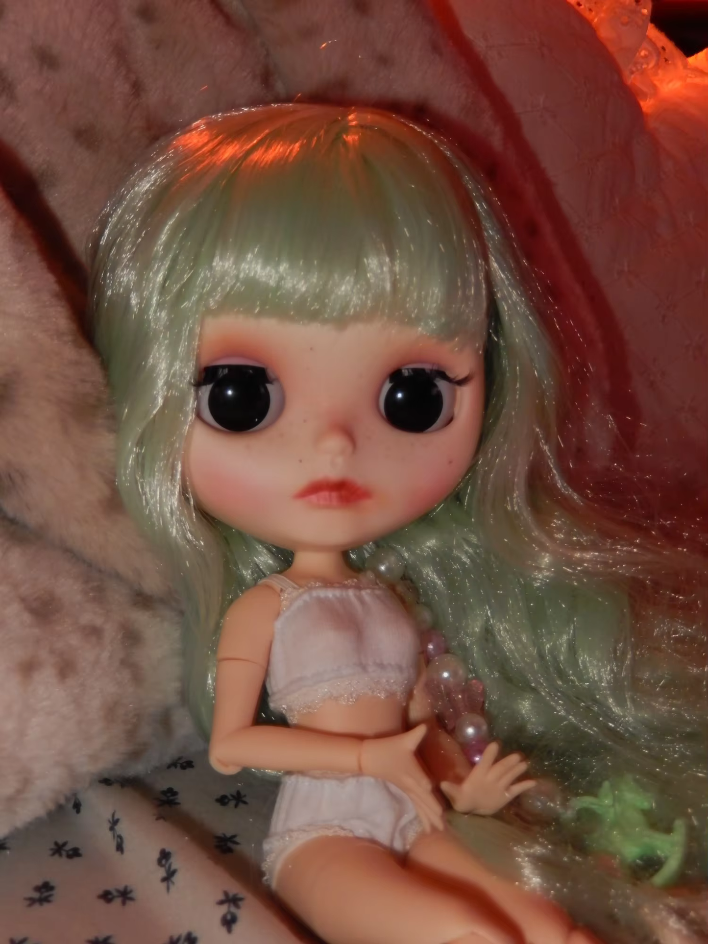 Blythe Doll with Green Curly Hair, White Skin, Matte Face & Custom Jointed Body