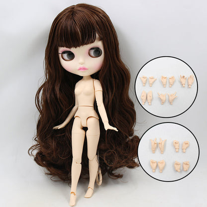 Blythe Doll - White Skin Matte Face & Dark Brown Wavy Hair & Pink Cheek Pink Lips