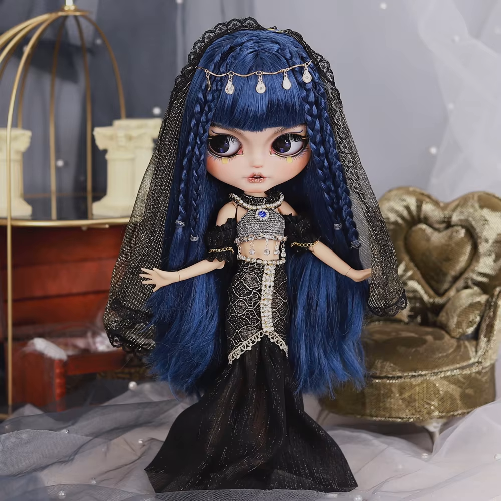 Cleopatra – Premium Custom Neo Blythe Doll with Blue Hair, Tan Skin & Matte Smiling Face