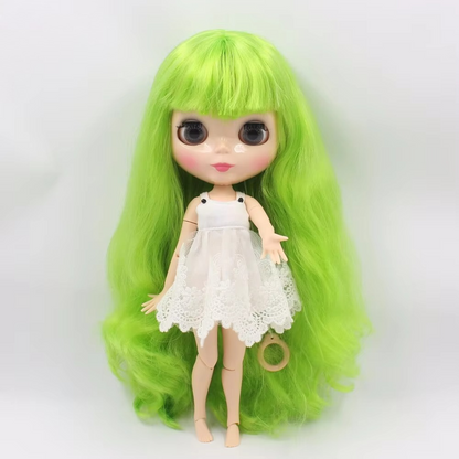 Neo Blythe Doll - Lime Green Hair & White Shiny Face & Jointed Body
