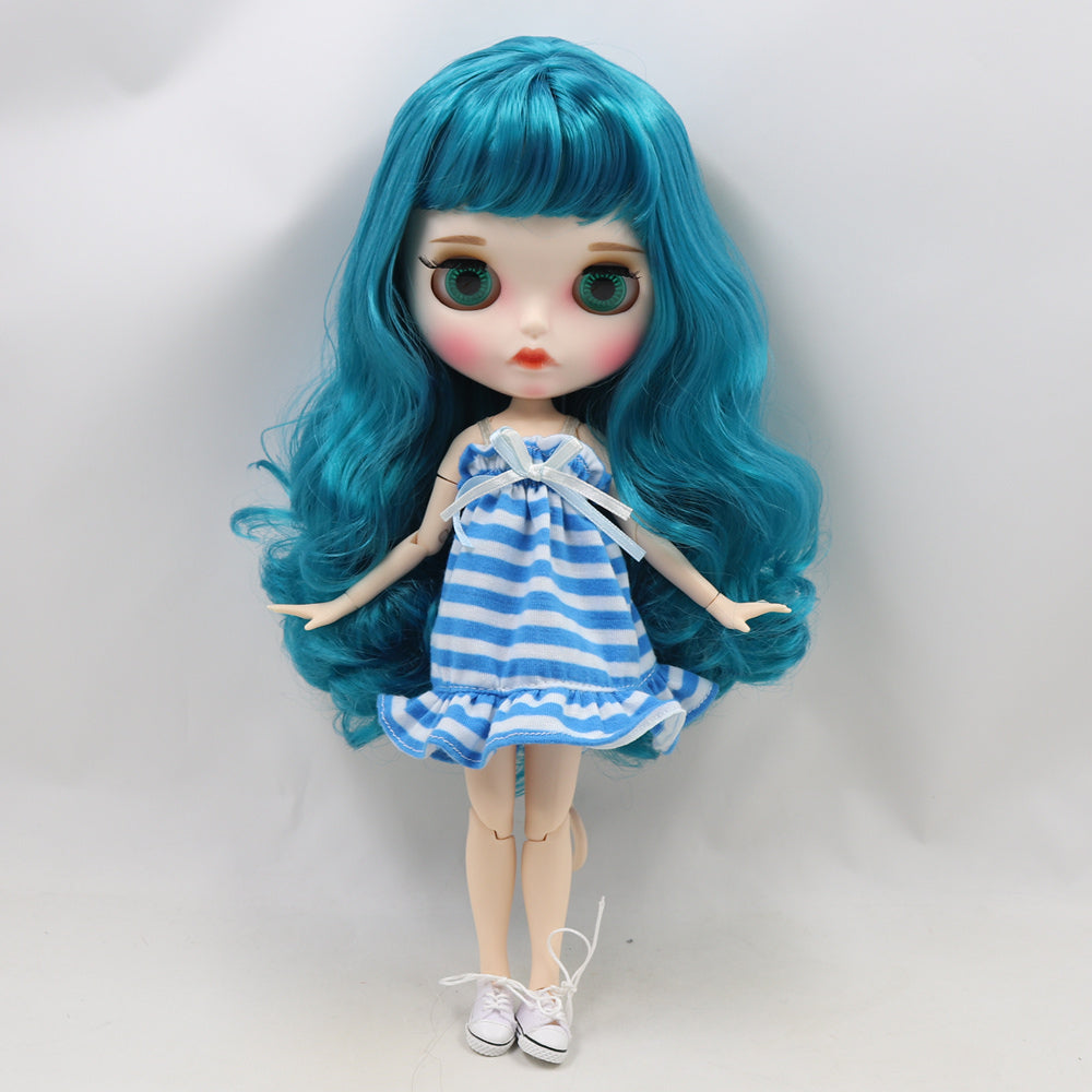 Neo Blythe Doll - Navy Blue Hair, White Matte Face & Jointed Body & Eyebrows