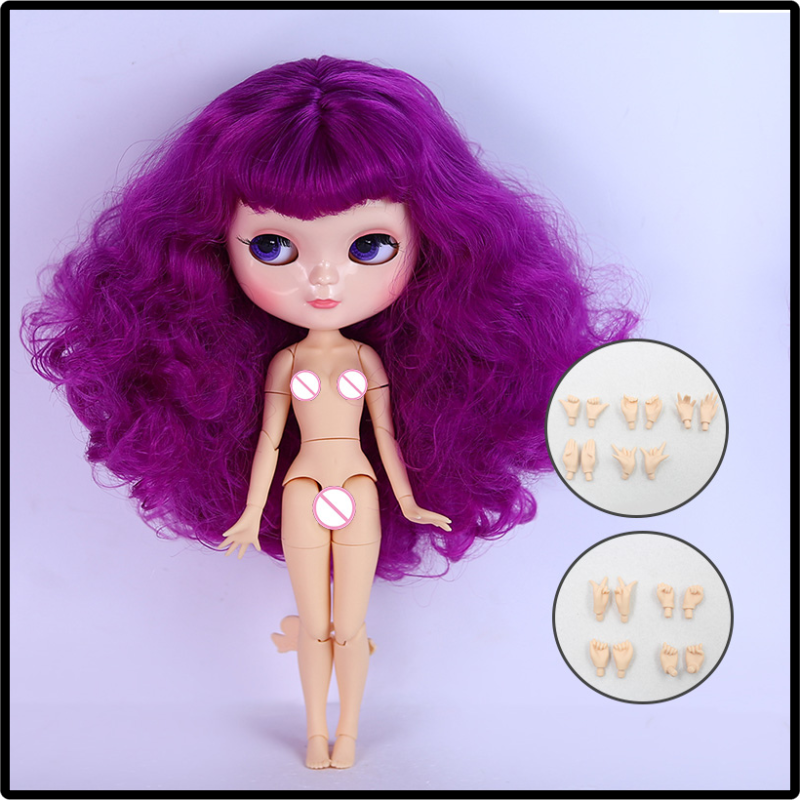 Blythe Doll with Shiny Asian Face & Azone C-Cup Jointed Body & Wine Purple Curly Hair