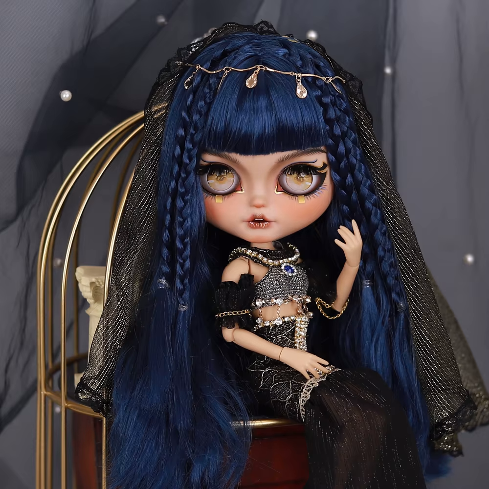 Cleopatra – Premium Custom Neo Blythe Doll with Blue Hair, Tan Skin & Matte Smiling Face