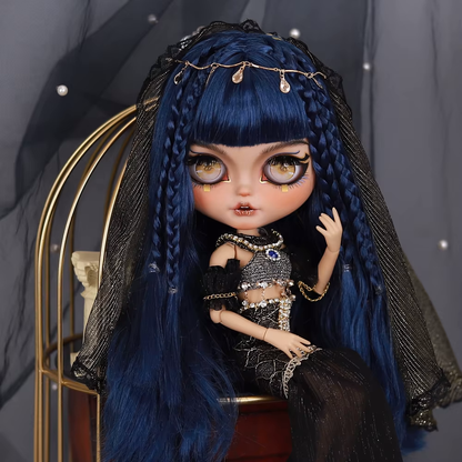 Cleopatra – Premium Custom Neo Blythe Doll with Blue Hair, Tan Skin & Matte Smiling Face