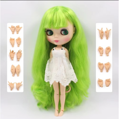 Neo Blythe Doll with Green Hair, White Skin, Shiny Cute Face & Custom Jointed Body
