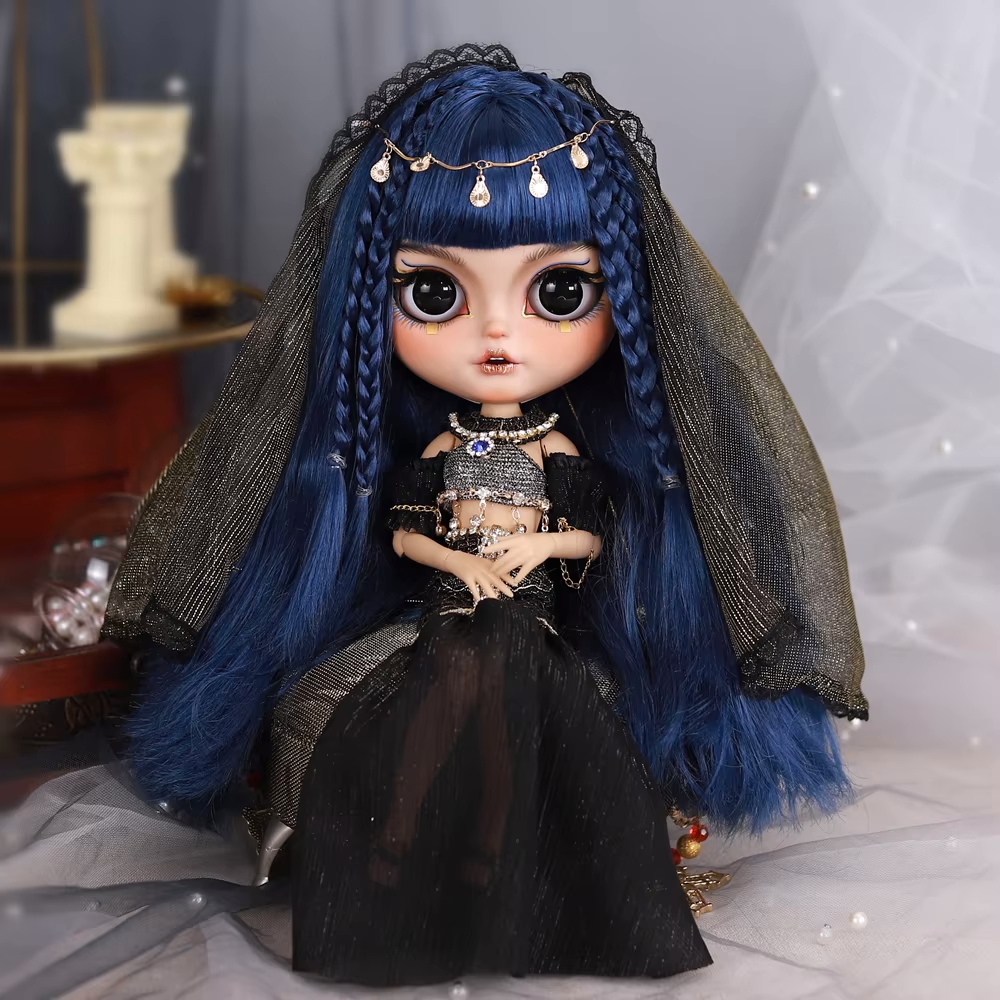 Cleopatra – Premium Custom Neo Blythe Doll with Blue Hair, Tan Skin & Matte Smiling Face