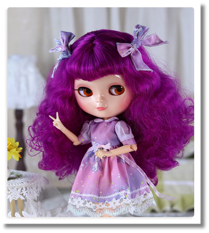 Blythe Doll with Shiny Asian Face & Azone C-Cup Jointed Body & Wine Purple Curly Hair