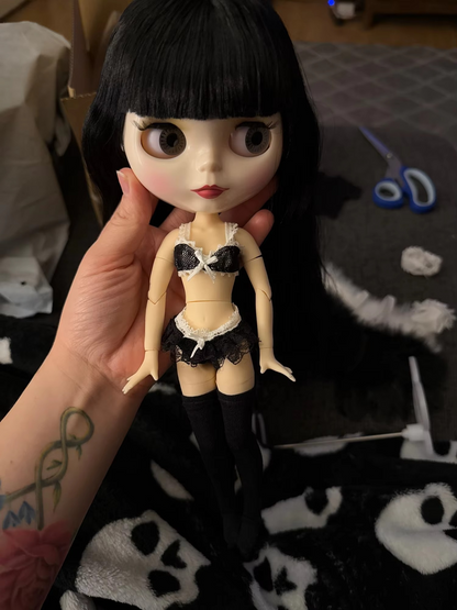 Blythe Doll Nude with Black Hair, White Skin, Shiny Cute Face & Custom Jointed Body