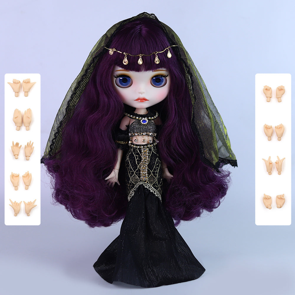 Neo Blythe Doll with Magic Purple Hair, White Skin, Matte Face, Carved Lips, 19 Joints