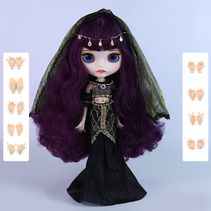 Neo Blythe Doll with Magic Purple Hair, White Skin, Matte Face, Carved Lips, 19 Joints