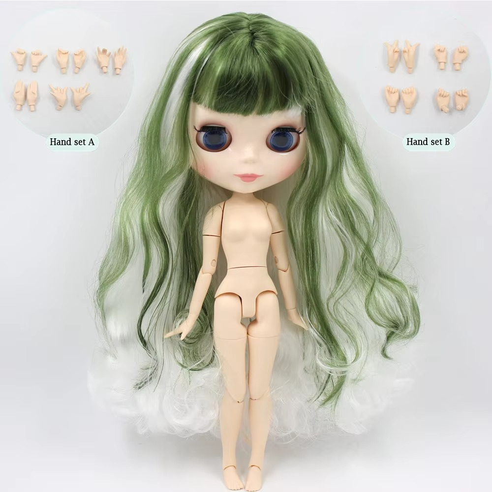 Nude Blythe Doll White Skin Glossy Face, Jointed Body, Green-White Hair