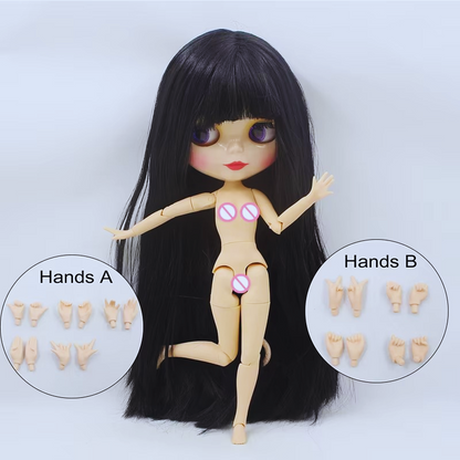 Blythe Doll Nude with Black Hair, White Skin, Shiny Cute Face & Custom Jointed Body