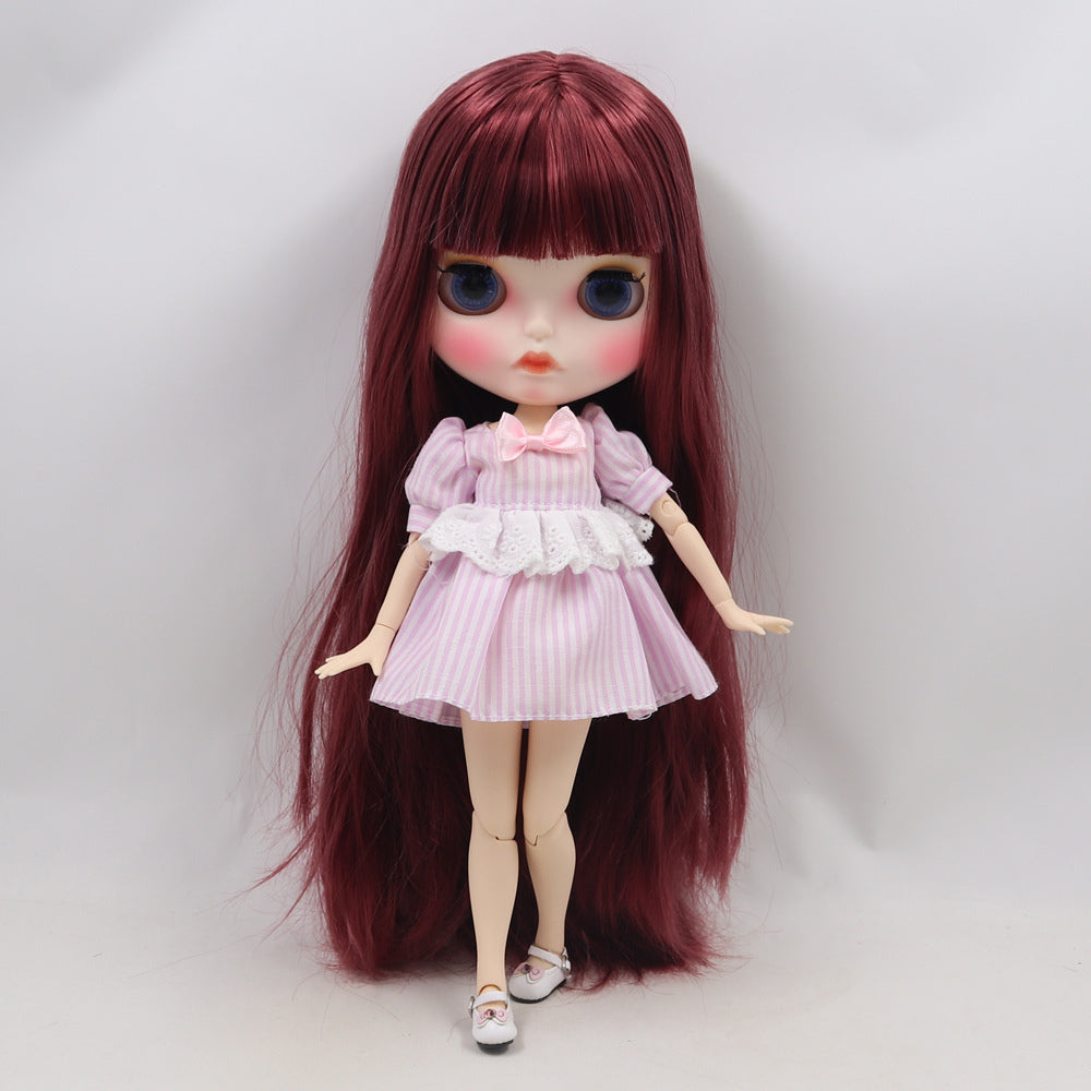 Susan - Premium Custom Neo Blythe Doll with Red Wine Hair, White Skin & Matte Pouty Face