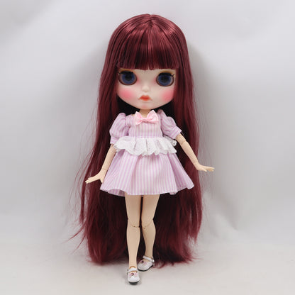 Susan - Premium Custom Neo Blythe Doll with Red Wine Hair, White Skin & Matte Pouty Face