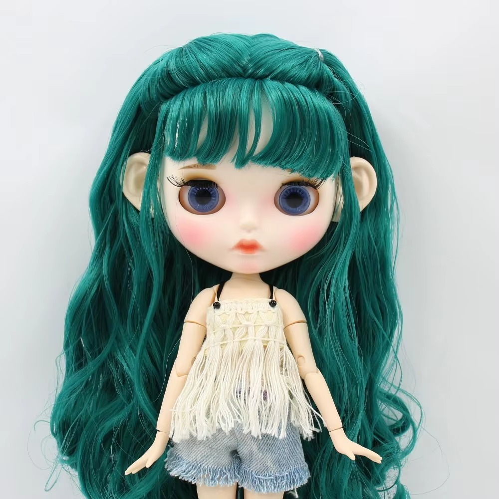 Nude Blythe Doll White Skin, Matte Face, Dark Green Curly Hair, Eyebrows