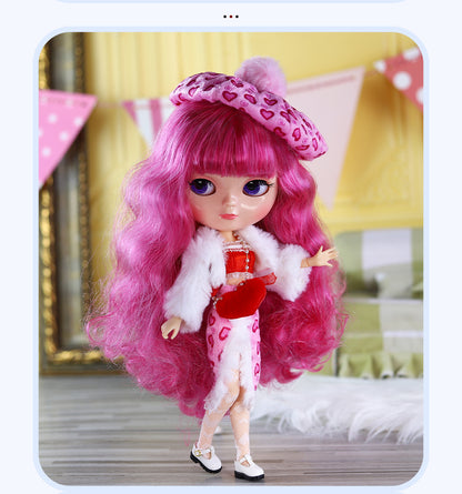 Neo Blythe Doll Azone C-cup Jointed Body, Natural Skin & Glossy Face & Dark Pink Hair