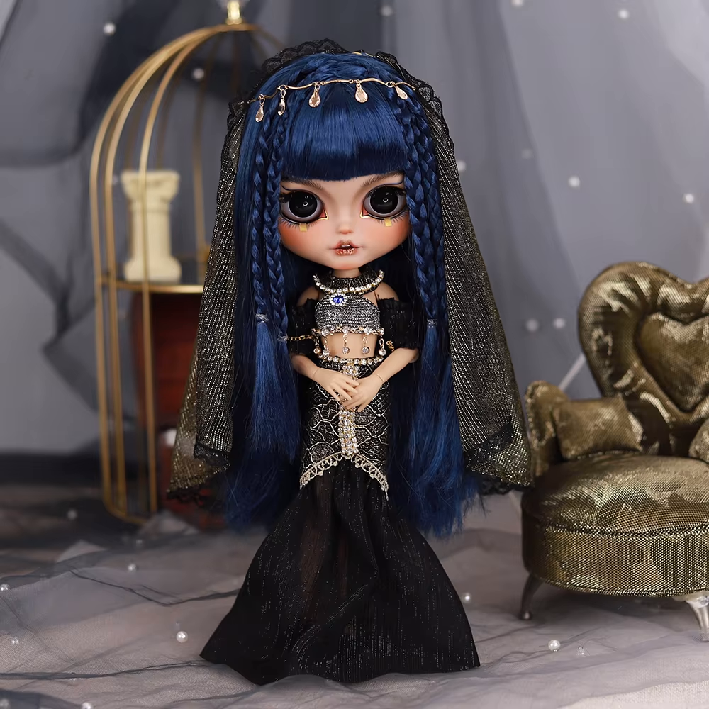 Cleopatra – Premium Custom Neo Blythe Doll with Blue Hair, Tan Skin & Matte Smiling Face
