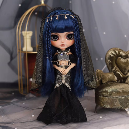 Cleopatra – Premium Custom Neo Blythe Doll with Blue Hair, Tan Skin & Matte Smiling Face