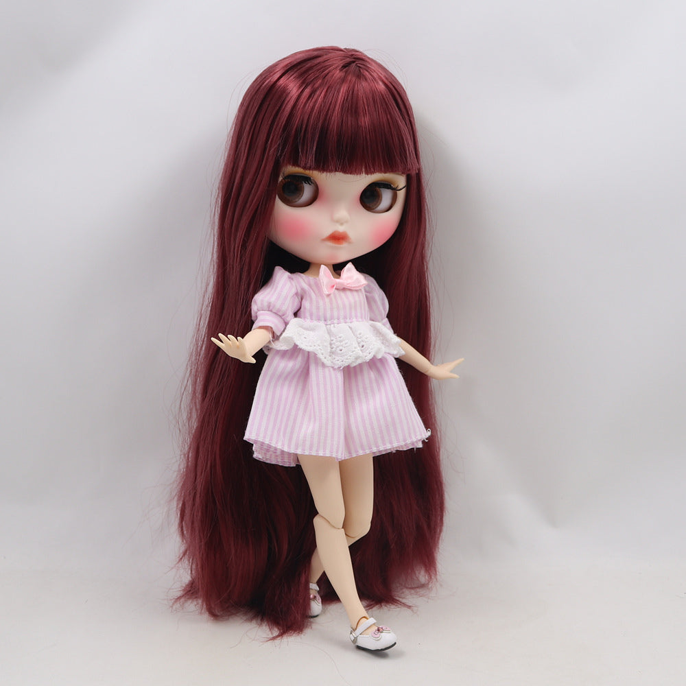 Susan - Premium Custom Neo Blythe Doll with Red Wine Hair, White Skin & Matte Pouty Face