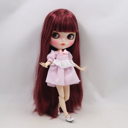 Susan - Premium Custom Neo Blythe Doll with Red Wine Hair, White Skin & Matte Pouty Face