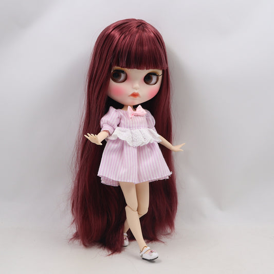 Susan - Premium Custom Neo Blythe Doll with Red Wine Hair, White Skin & Matte Pouty Face