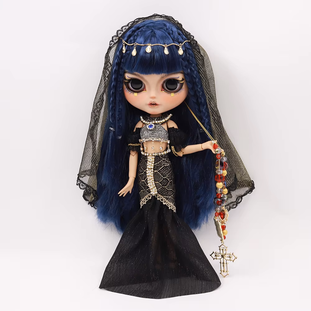 Cleopatra – Premium Custom Neo Blythe Doll with Blue Hair, Tan Skin & Matte Smiling Face