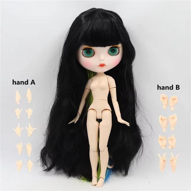 Blythe Nude Doll with White Skin, Matte Face, Carved Lips, Black Hair mixed Color
