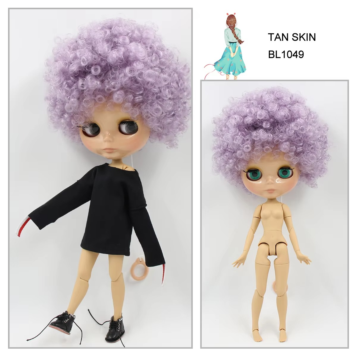 Neo Blythe Doll with Afro Purple Hair, Shiny Face, Jointed Body