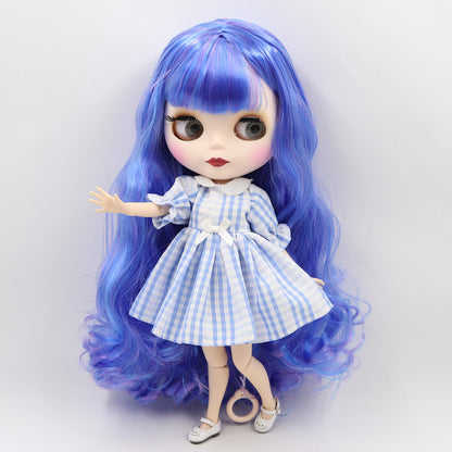 Blythe Doll with Blue Hair, White Skin, Matte Smiling Face & Custom Jointed Body