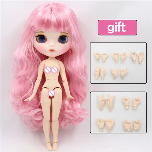 Neo Blythe Doll with White Skin, Matte Face, Eyebrows, Cute Heart Pink Hair, Jointed Body