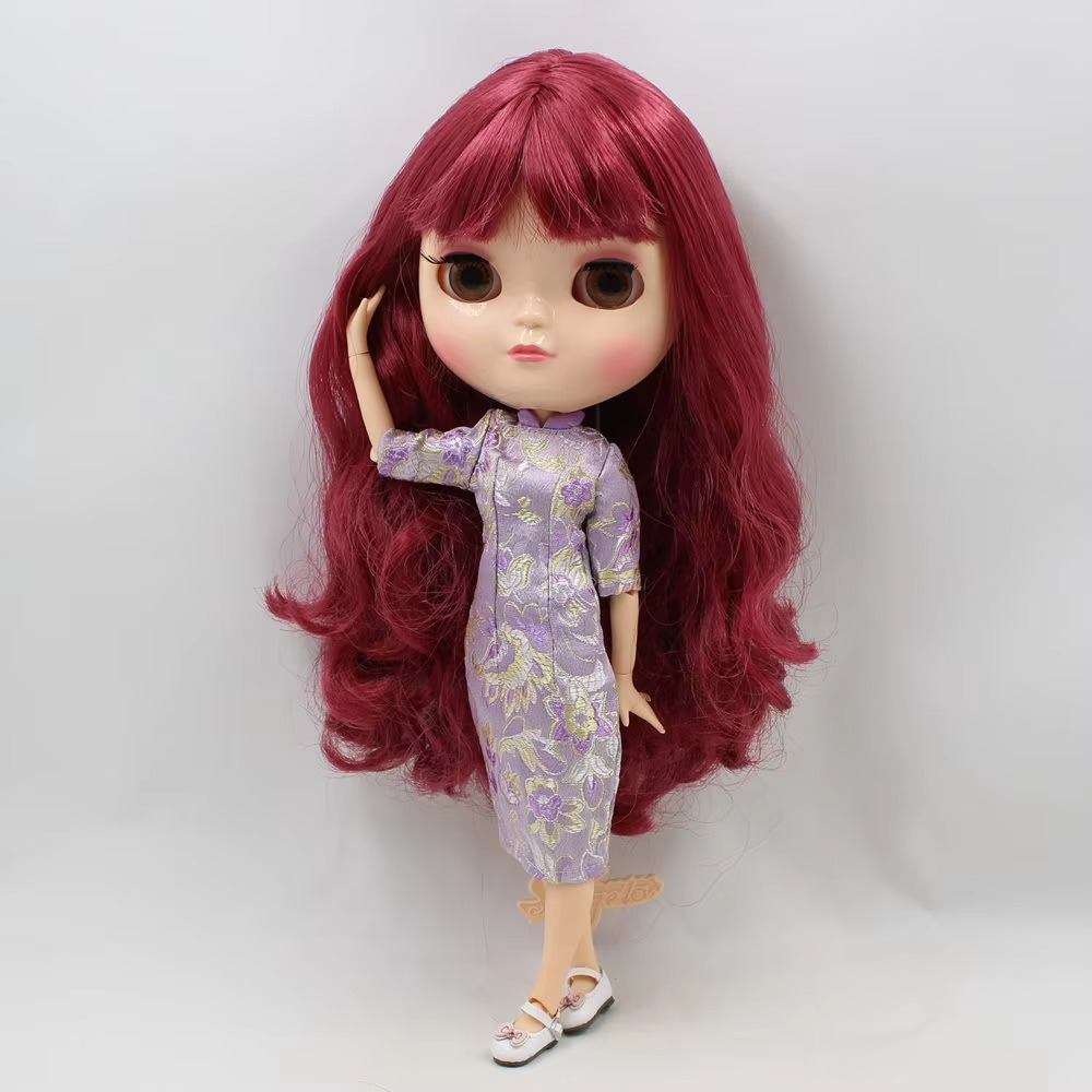 Maria – Premium Custom Neo Blythe Doll with Red Wine Hair, White Skin & Shiny Face