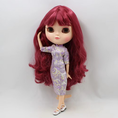 Maria – Premium Custom Neo Blythe Doll with Red Wine Hair, White Skin & Shiny Face
