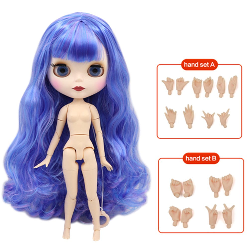 Blythe Doll with Blue Hair, White Skin, Matte Smiling Face & Custom Jointed Body