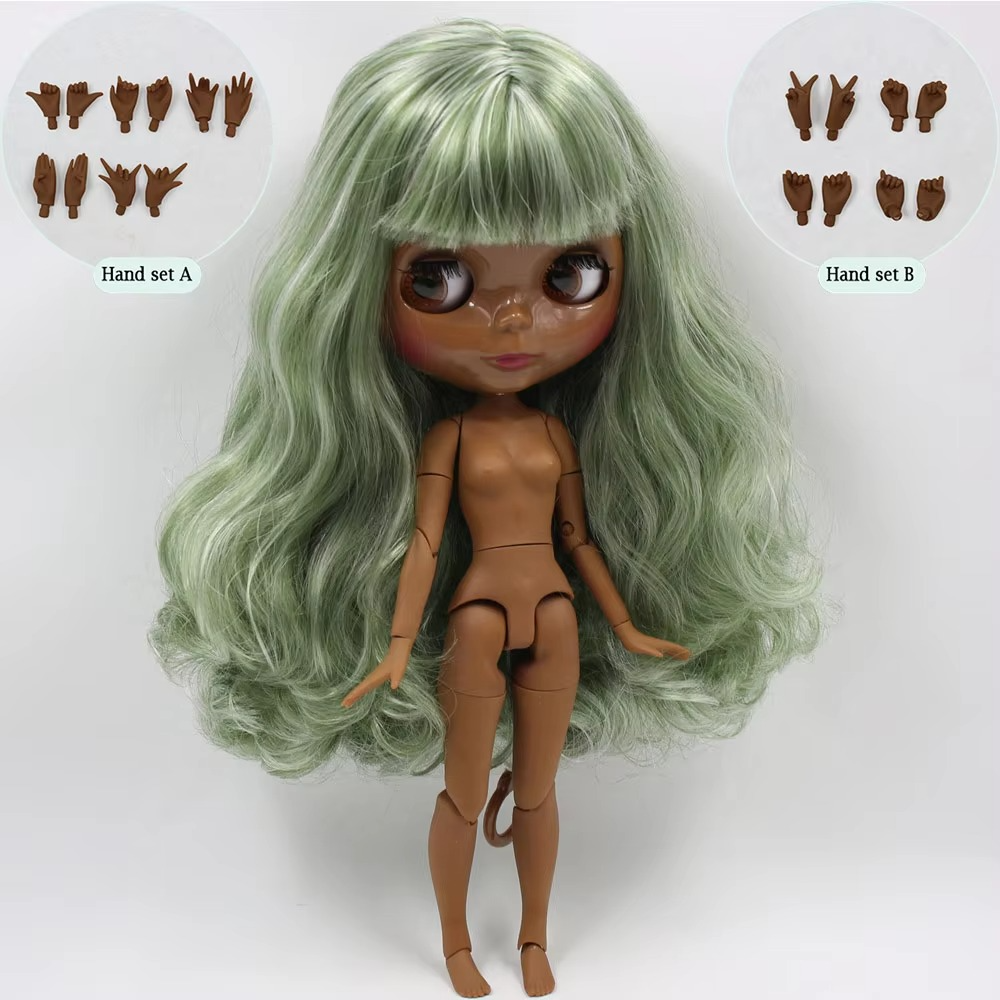 Neo Blythe Doll Super Black Skin Shiny Face & Jointed Body & Green Curly Hair