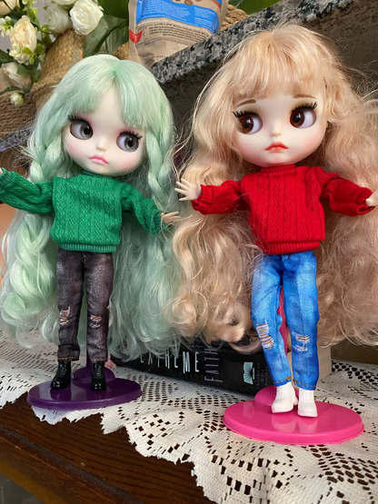 Blythe Doll with Green Curly Hair, White Skin, Matte Face & Custom Jointed Body