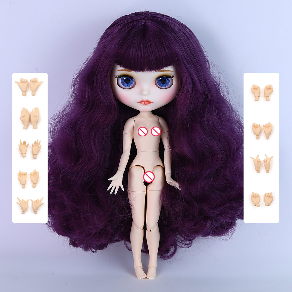 Neo Blythe Doll with Magic Purple Hair, White Skin, Matte Face, Carved Lips, 19 Joints