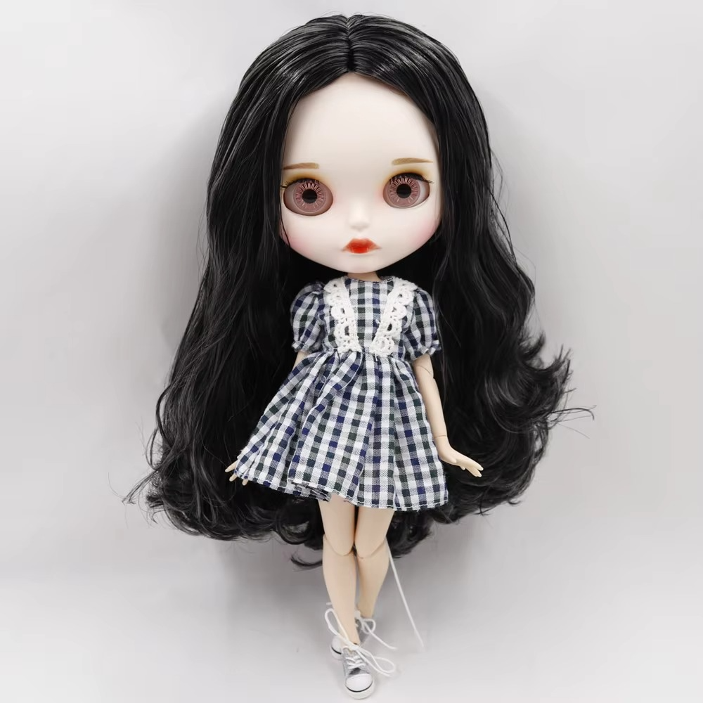 Nude Blythe Doll with White Skin, Matte Face, Joint Body, Black Curls & Eyebrows