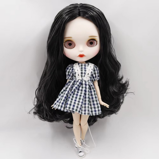 Nude Blythe Doll with White Skin, Matte Face, Joint Body, Black Curls & Eyebrows