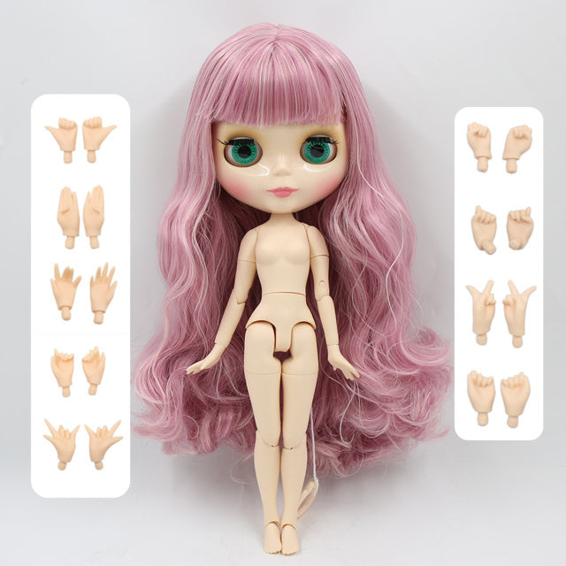 Nude Blythe Doll with White Skin, Shiny Face, Joint Body, Pastel Pink Hair