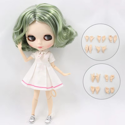Neo Blythe Doll White Skin, Shiny Face, Short Green Curly Hair, Jointed Body