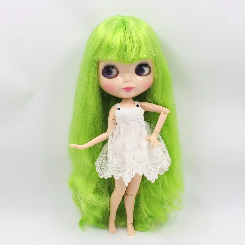 Neo Blythe Doll - Lime Green Hair & White Shiny Face & Jointed Body
