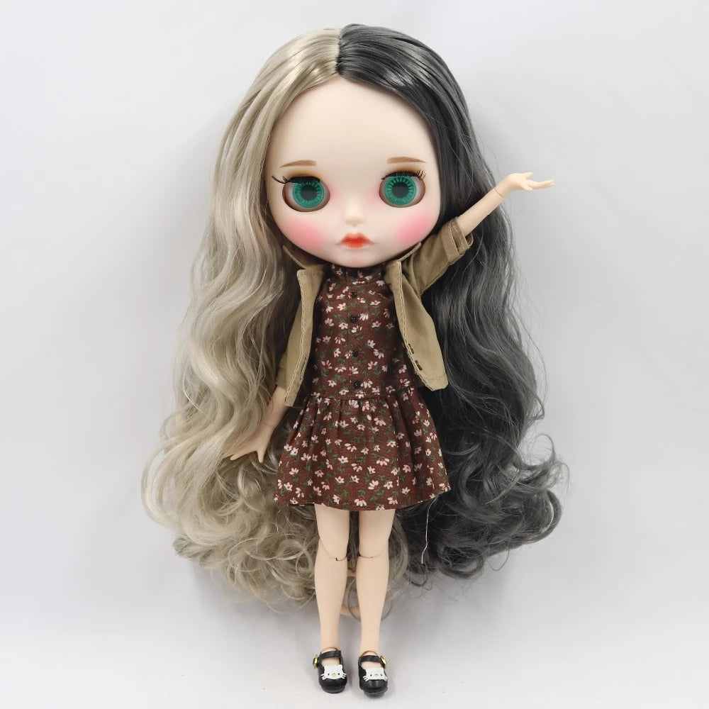 Neo Blythe doll in brown dress and jacket outfit, showcasing stylish design and soft fabric, perfect for 1/6 BJD.