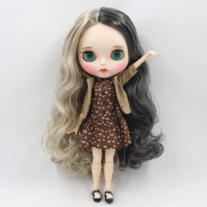 Neo Blythe doll in brown dress and jacket outfit, showcasing stylish design and soft fabric, perfect for 1/6 BJD.
