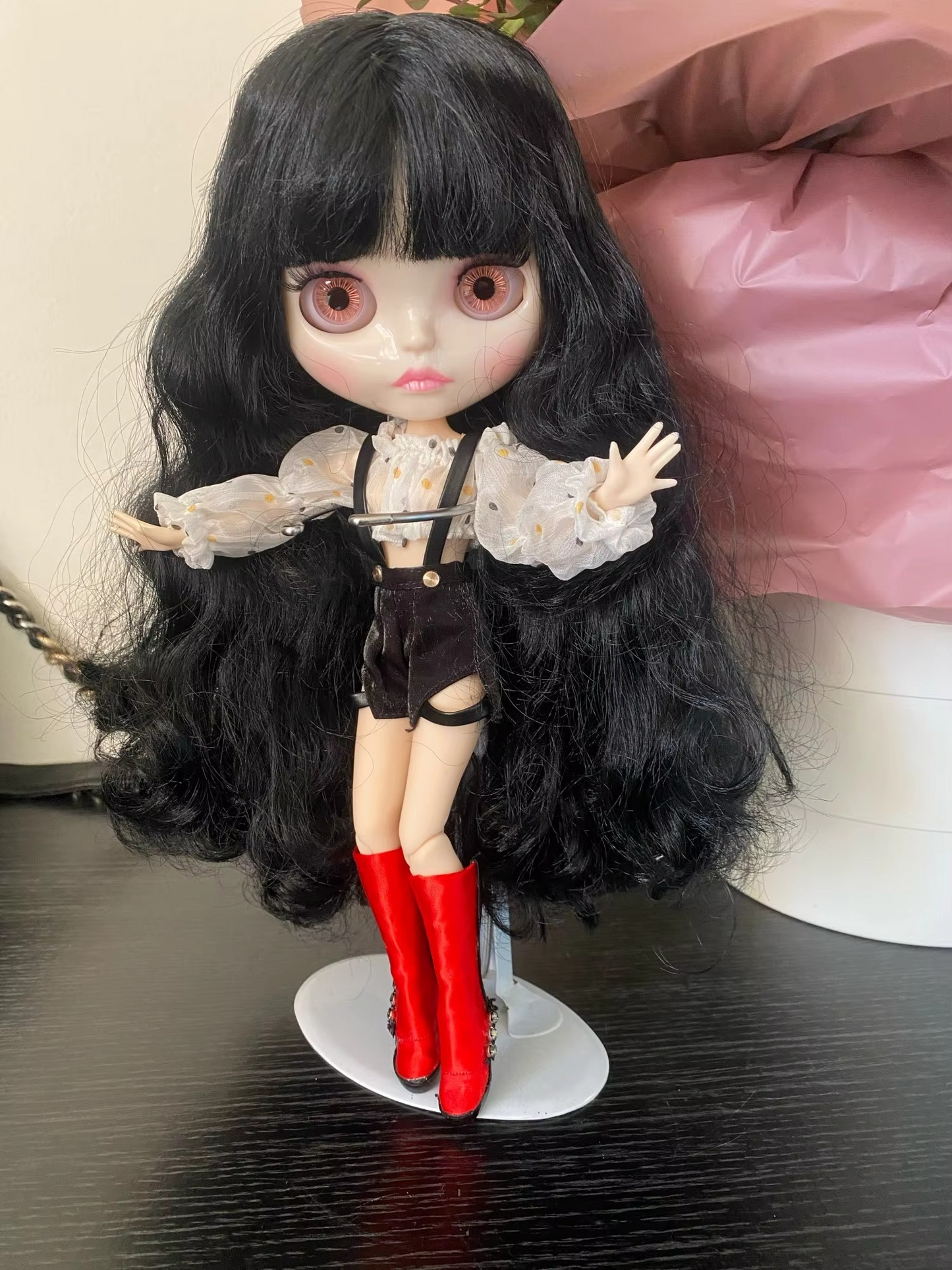 Blythe Doll with Black Hair, White Skin, Shiny Pouty Face & Custom Jointed Body