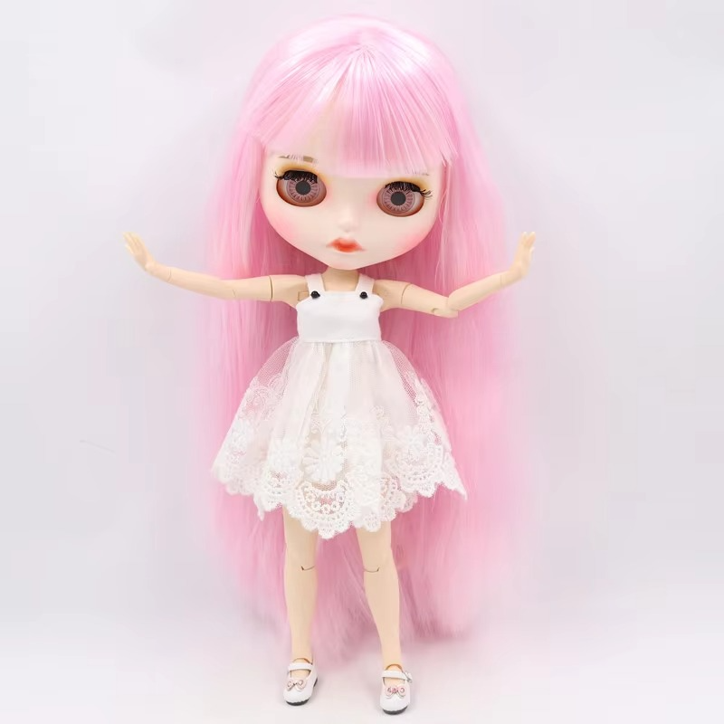Nude Blythe Doll with White Shiny Face & Jointed Body & Light Pink Hair