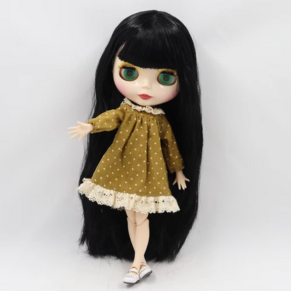 Blythe Doll Nude with Black Hair, White Skin, Shiny Cute Face & Custom Jointed Body