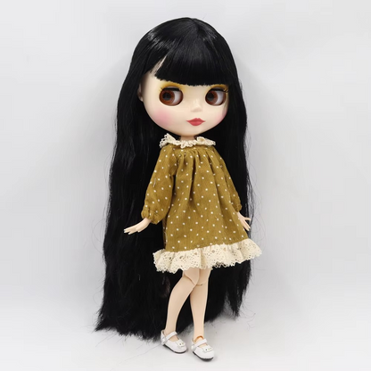 Blythe Doll Nude with Black Hair, White Skin, Shiny Cute Face & Custom Jointed Body