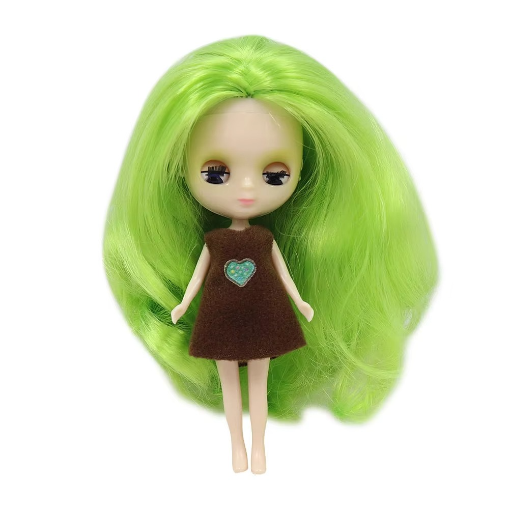 Mini Petite Blythe Doll with green hair in a brown dress, featuring open/close eyes and flexible body design.